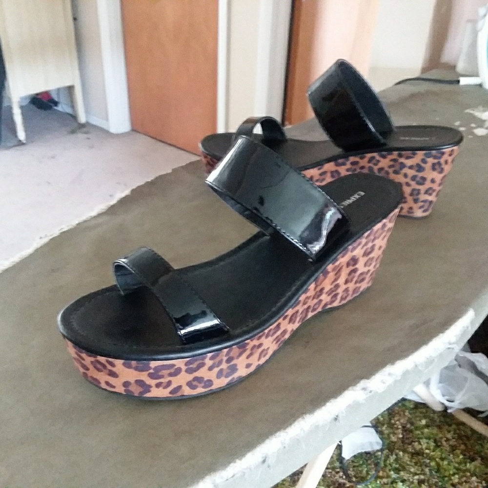 Black patent leopard wedges